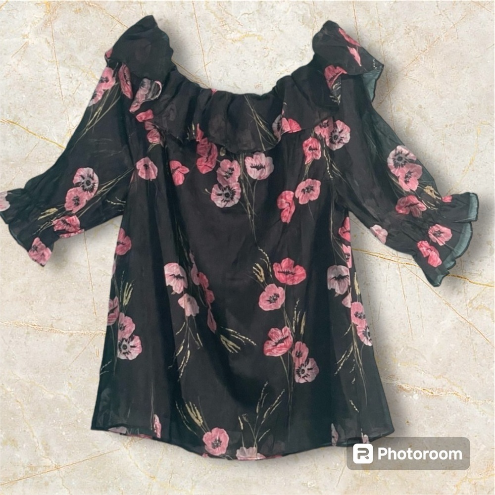Kate & Mallory top XL ruffle neckline sheer floral over lined bodice adj sleeves